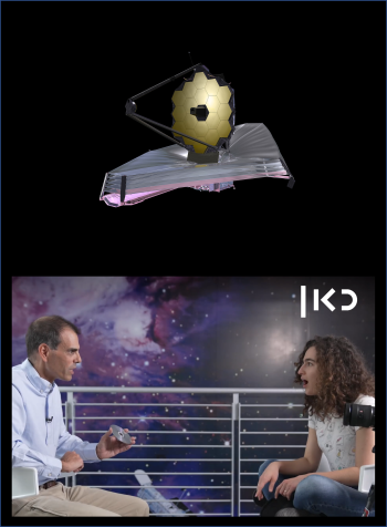 Upper image: An artistic illustration of the James Webb Space Telescope (JWST).  Lower image: Anat Korol-Gordon and Ehud Behar. Credit “Kan”